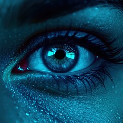 A woman's eye is reflected in a blue liquid