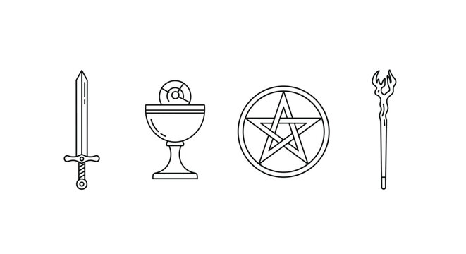 Set of four occult or fantasy icons including a sword, a chalice, a pentacle within a circle, and a magical wooden staff in line art.