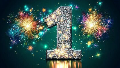 Stunning Fireworks Display with Shimmering Silver Number One Celebrating a Special Anniversary Event