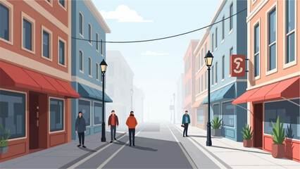 Foggy town street with people walking past shops and lampposts