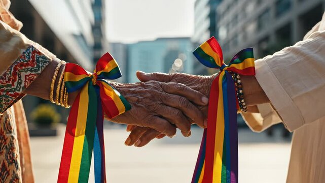 Hands holding with rainbow ribbons