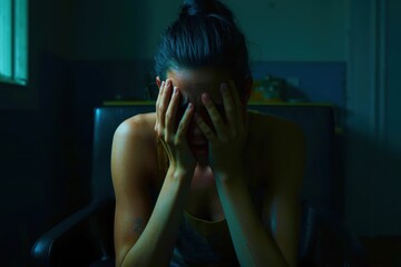 A woman is sitting on a chair with her hands on her face