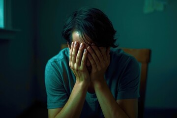 A woman is sitting on a chair with her hands on her face