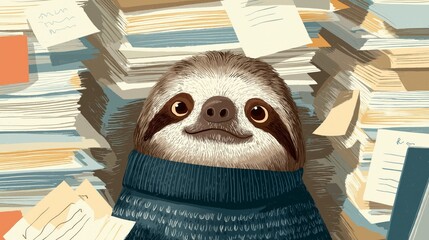 Obraz premium Sloth sits among paperwork representing slow productivity and office fatigue. Work overload, deadline pressure, burnout, and administrative stress concept