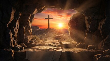 Cave entrance reveals Christian cross illuminated on hill at sunrise. Rocky landscape and soft light, emphasizing transition from darkness to light in spiritual context. Resurrection Of Jesus Christ