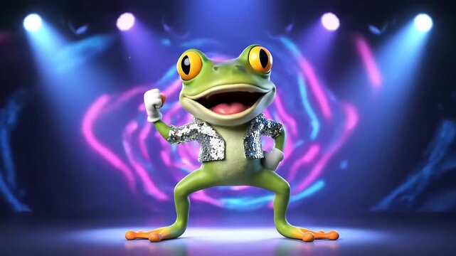 A vibrant cartoon frog dressed in a sparkly jacket performs a dance on a concert stage with colorful disco lights illuminating the scene