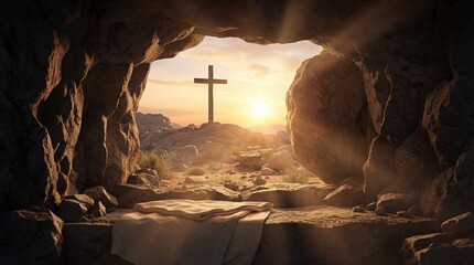 Cave entrance reveals Christian cross illuminated on hill at sunrise. Rocky landscape and soft light, emphasizing transition from darkness to light in spiritual context. Resurrection Of Jesus Christ