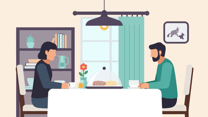 Couple sharing a meal at a table in a home setting with a bookshelf and window