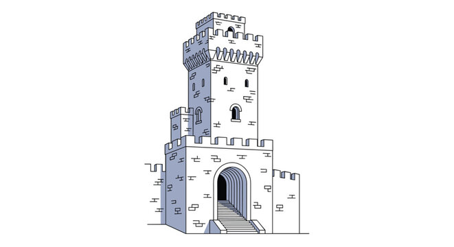 Illustrated stone castle tower with a tall central structure and smaller side walls featuring an arched entrance and several windows.