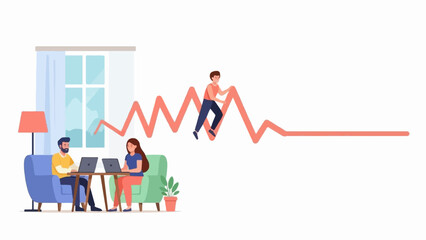 Diverse individuals collaborate, navigating a fluctuating line of progress, symbolizing ambition and shared goals