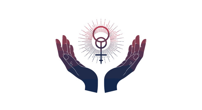 Two hands held open cupping a stylized female gender symbol with a glowing sunburst background, celebrating womanhood and empowerment.
