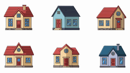Fototapeta premium Six cartoon houses in rows of three, different colors, roofs, windows