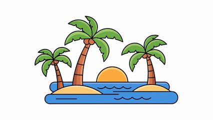 Fototapeta premium Cartoonish tropical island scene with palm trees, sand, ocean, and a setting sun