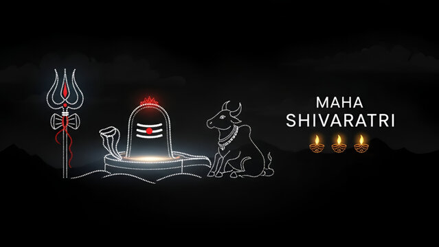 Maha Shivratri celebration of shiva with shivling trishul damru and nandi outlined in glowing light dots in dark night background representing hindu worship devotion prayer festival spirituality
