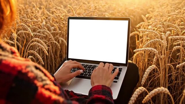 Woman Typing on Laptop with Blank Screen Mockup in Wheat Field at Sunset