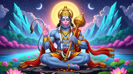 Divine artwork of Shri Hanuman depicted in calm meditation with glowing aura lotus filled river and peaceful mountain valley scenery for bhakti worship and spiritual devotion themes