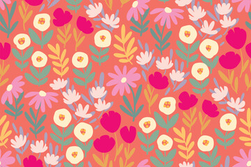 Seamless floral pattern, liberty ditsy print in childish drawing motif. Cute botanical design of small painted plants, daisy flowers, tiny leaves, girly meadow on pink background. Vector illustration.