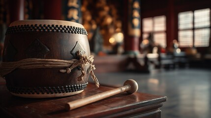 Wooden Temple Drum and Mallet Closeup