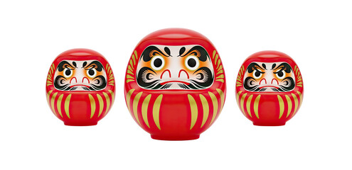 Obraz premium Three traditional Japanese Daruma dolls in red and gold, symbolizing good luck and perseverance