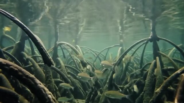 Tangled roots of mangroves create safe nurseries for young fish, Everglades National Park, Southern Florida, USA.

