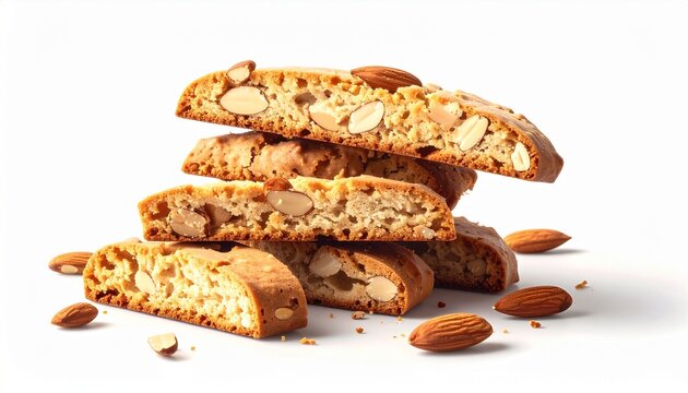 Stack of almond biscotti cookies with crunchy texture and scattered almond pieces on white background