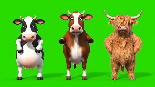 Three animated 3D cows spotted, brown, shaggy Highland, on green screen, ready for stock video integration and farm-themed animation projects