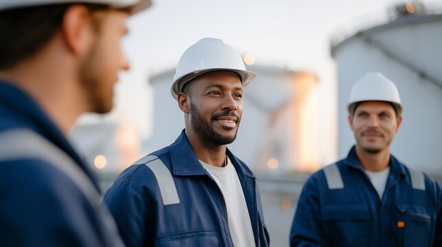 Industrial workers managing liquefied petroleum gas storage tanks, teamwork and safety equipment emphasizing controlled fuel handling, energy logistics, and workplace responsibility. cinematic