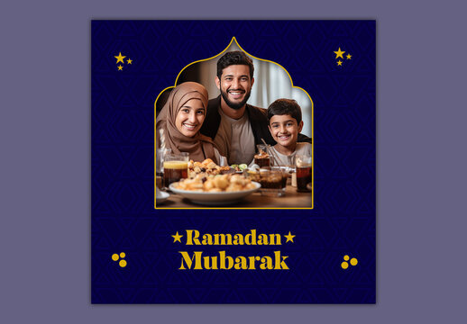 Editable Ramadan Mubarak Greeting Post with Happy Muslim Family Enjoying Iftar Meal on Blue Islamic Pattern Background for Social Media.