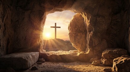 Cave entrance reveals Christian cross illuminated on hill at sunrise. Rocky landscape and soft light, emphasizing transition from darkness to light in spiritual context. Resurrection Of Jesus Christ