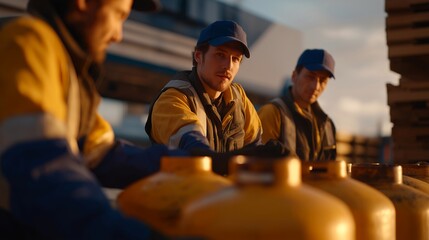 Industrial workers preparing fuel cylinders for delivery, careful handling and organized staging emphasizing safety standards, logistics efficiency, and distribution reliability. cinematic color