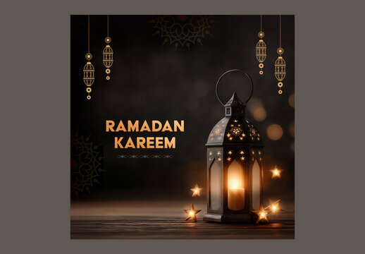 Editable Ramadan Kareem Greeting Post with Arabic Lamps and Illuminated Stars on Dark Background for Social Media.