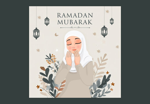 Editable Ramadan Mubarak Greeting Post with Muslim Woman in Hijab Offering Namaz (Prayer) Illustration on Floral Background for Social Media.