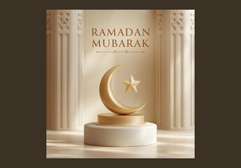 Editable Ramadan Mubarak Greeting Post with Golden Crescent Moon and Star on 3D Podium for Social Media.