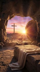 Cave entrance reveals Christian cross illuminated on hill at sunrise. Rocky landscape and soft light, emphasizing transition from darkness to light in spiritual context. Resurrection Of Jesus Christ