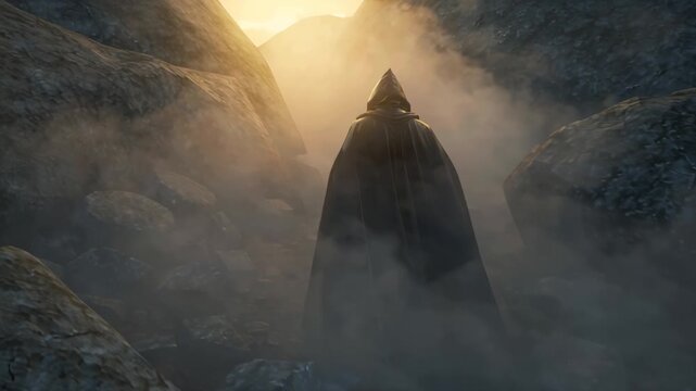 Cinematic 4K video Nordic warrior wearing a dark hooded cloak polished golden mask, ascending a rugged cliff at dawn. Thick fog swirls warrior golden sunlight pierces clouds, epic fantasy atmosphere