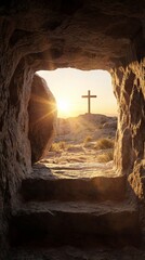Cave entrance reveals Christian cross illuminated on hill at sunrise. Rocky landscape and soft light, emphasizing transition from darkness to light in spiritual context. Resurrection Of Jesus Christ
