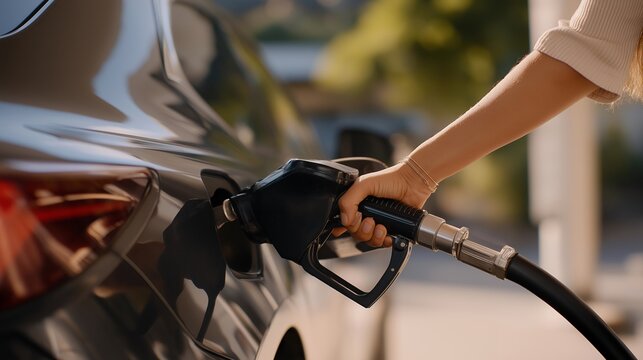 Person operating a fuel autogas pump gun at a gas station, nozzle connected to vehicle tank, illustrating LPG refueling process, alternative energy, and automotive fuel systems. cinematic color