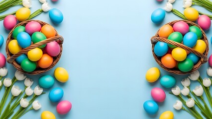 Easter eggs in wicker baskets surrounded by tulips on light blue background