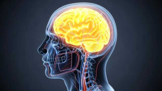 Illuminated human brain inside a skull