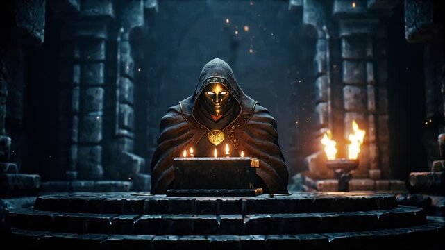Cinematic 4K video Nordic warrior hooded cloak shining golden mask, kneeling ancient stone altar inside mystical ruins. Glowing Nordic runes float warrior torchlight flickers, smoke and magical sparks