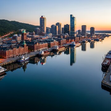 Aerial view of Drammen city skyline at sunrise, Norway.