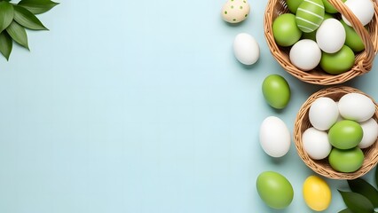Easter eggs in wicker baskets on pastel background with green leaves