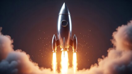 Fototapeta premium Silver Rocket Launching into Dark Space.