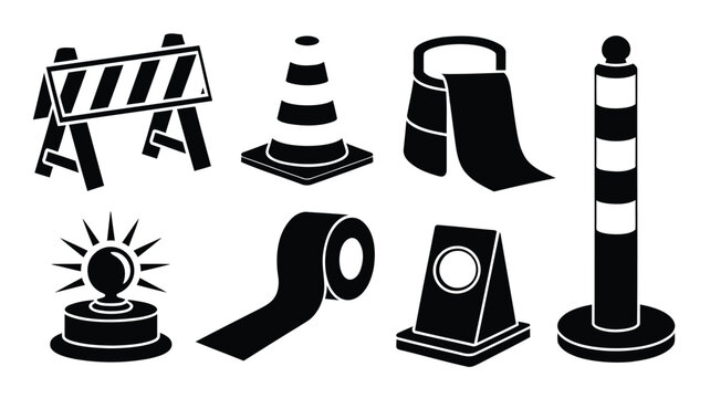 Road construction signs and barriers in black and white