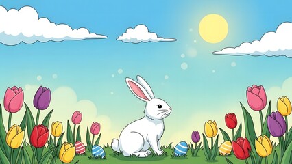 Easter bunny sitting in a field of colorful tulips on a sunny day