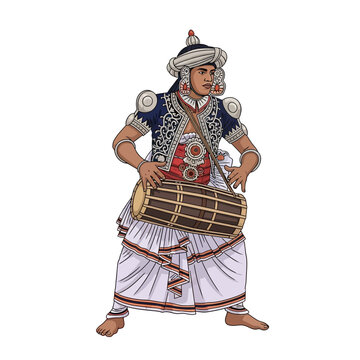 Dynamic illustration of a male performer in traditional sinhala awurudu attire from Sri Lanka, skillfully playing a ceremonial drum