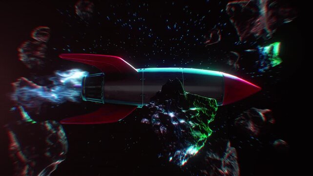 A cool abstract space themed background with rocket flying amongst other fun visual details including planets and floating asteroids.
