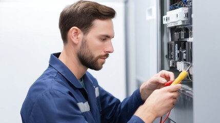 Electrician working on an electrical switchboard, checking connections and voltage with a digital multimeter to ensure proper functioning of the power system