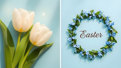 Easter wishes with tulips and floral wreath on pastel background