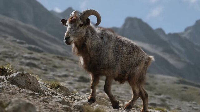 Legendary dahu standing on rocky alpine slope with mountain background